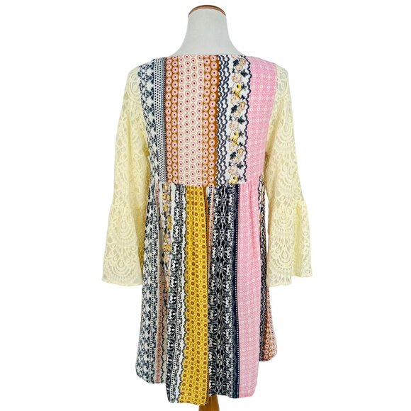 Boutique Mixed Print & Lace Bell Sleeve Boho Cottagecore Mini Dress - Picture 7 of 12